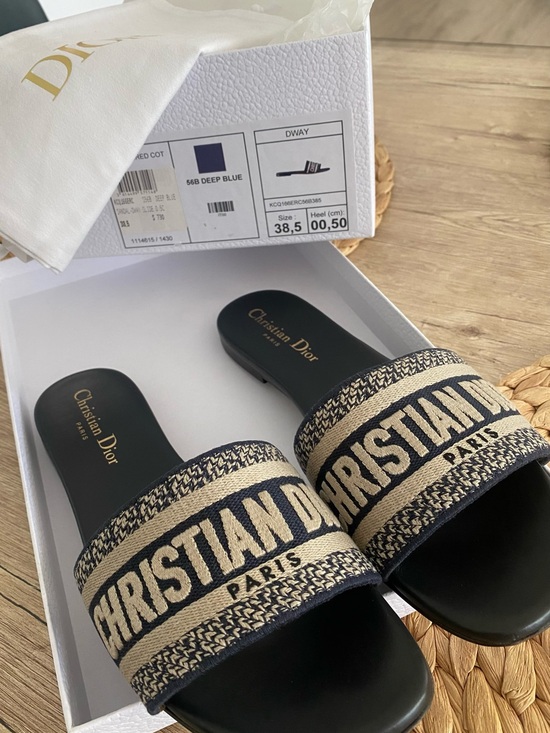 Dior Shoes - Dior Beige and Deep Blue Christian Dior Canvas Logo Slide Sandals